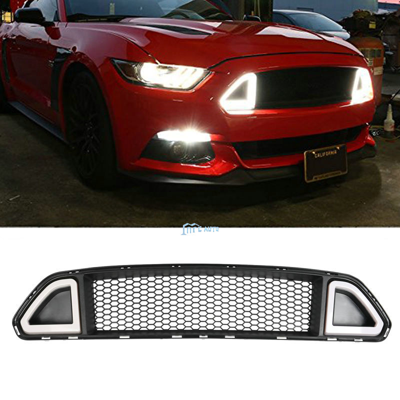 DRL LED Front Upper Mesh Grille Grill With Light For Ford Mustang 2015